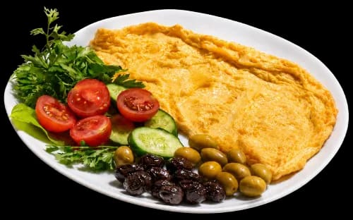 Van herb cheese omelette served with greens and olives