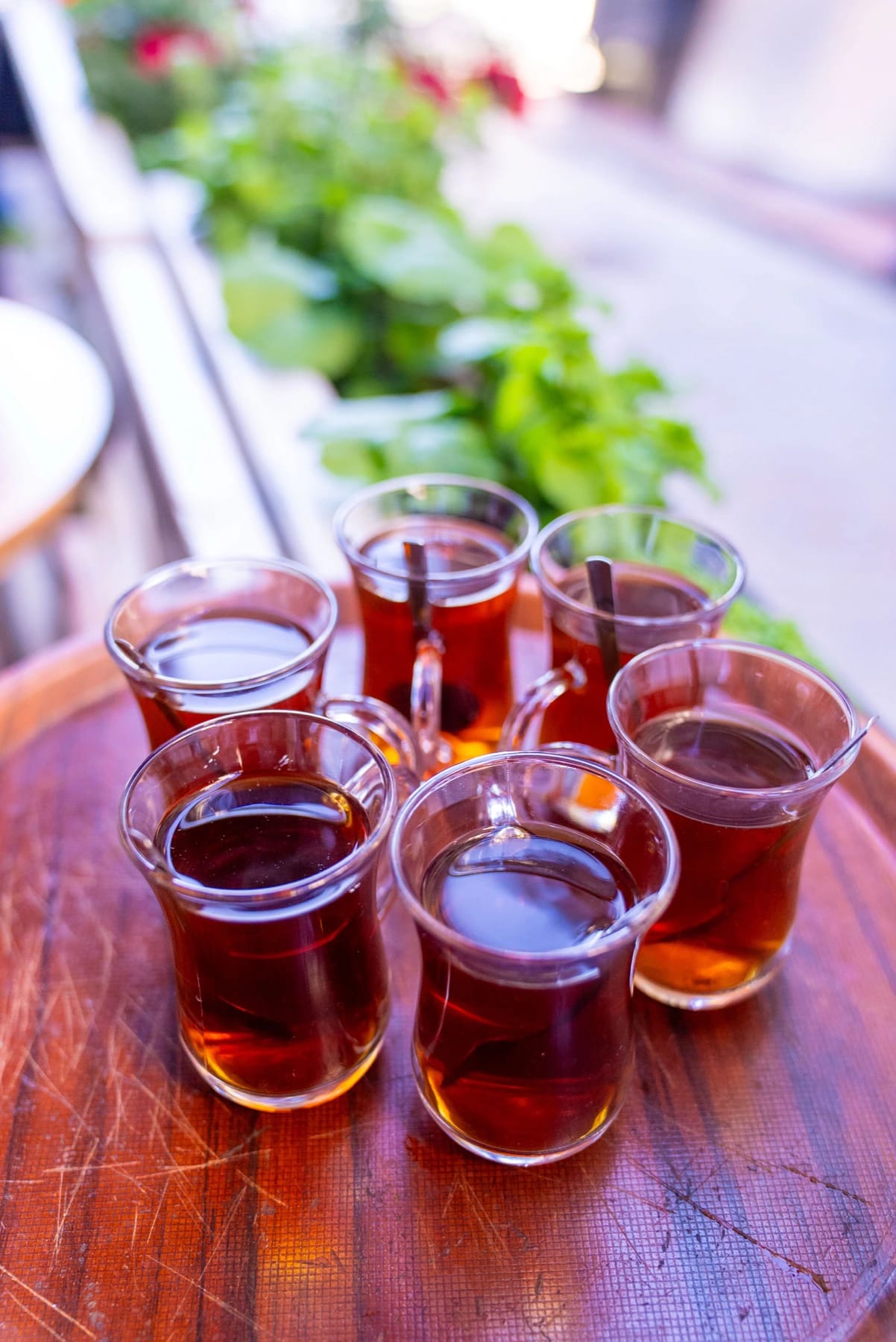 Freshly brewed Turkish tea in tulip-shaped glasses